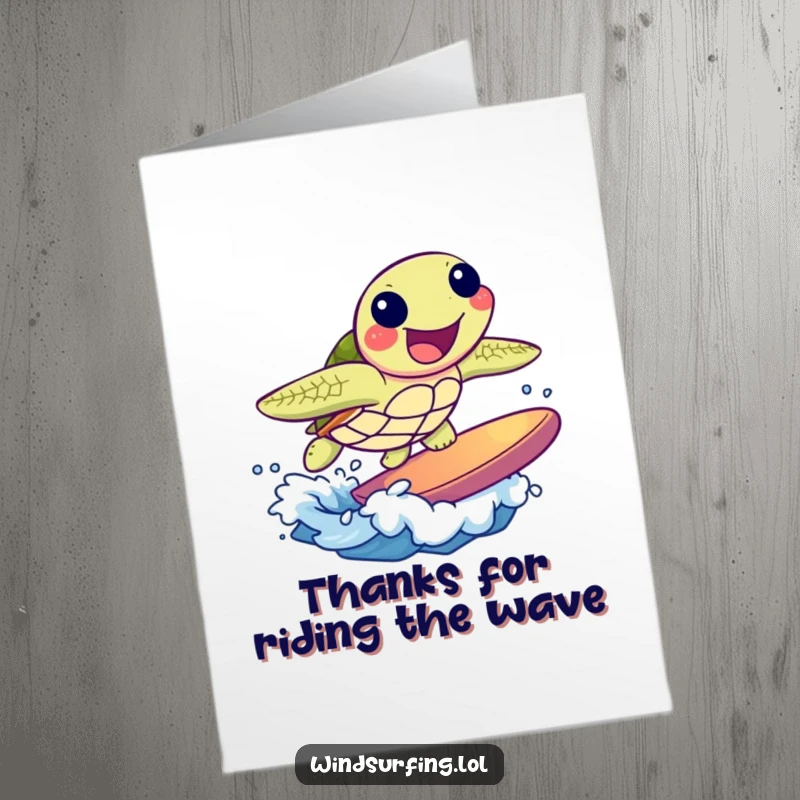 Free Printable Thank You Card: Joyful sea turtle surfing a wave with delight, a cool and fun way to say thanks.