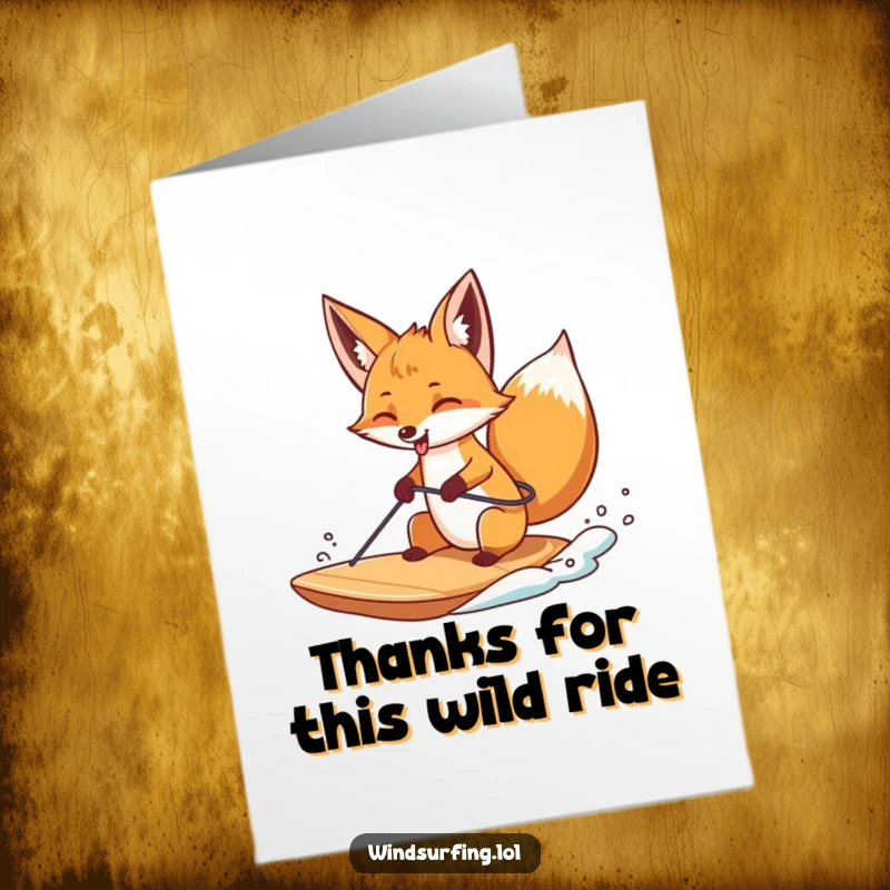 Funny Free Printable Thank You Card: A curious fox sticking its tongue out while windsurfing, expressing thanks with a playful attitude, downloadable.