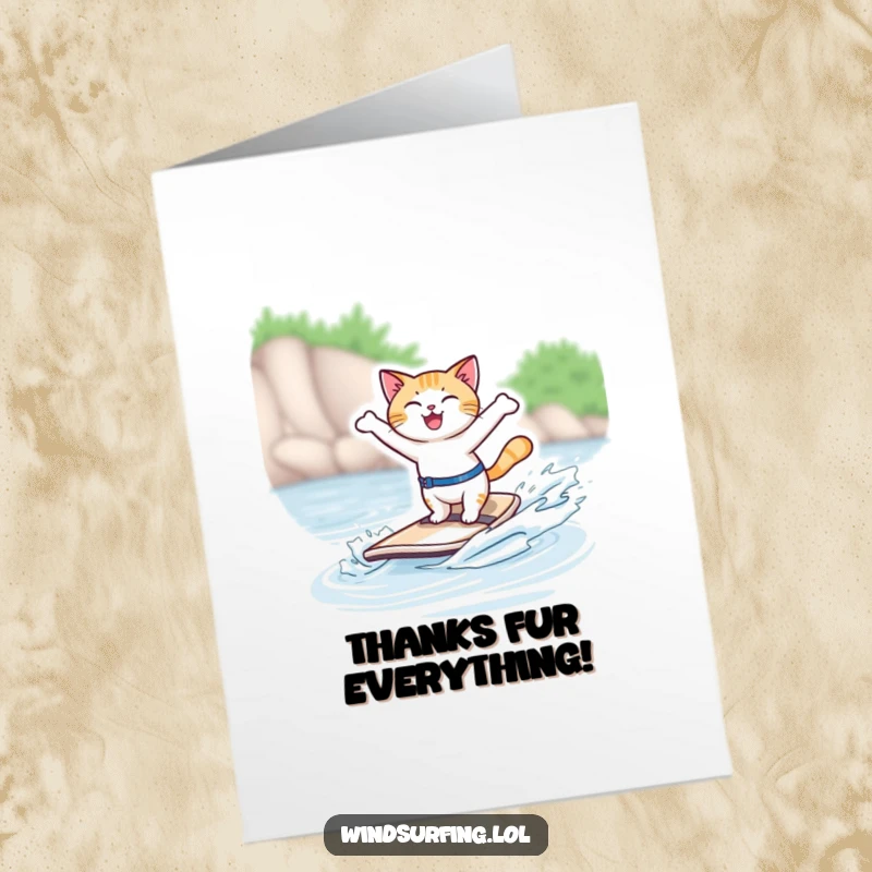 Funny Free Printable Thank You Card: Graceful cat windsurfing with a smile, conveying thanks. A humorous downloadable greeting.