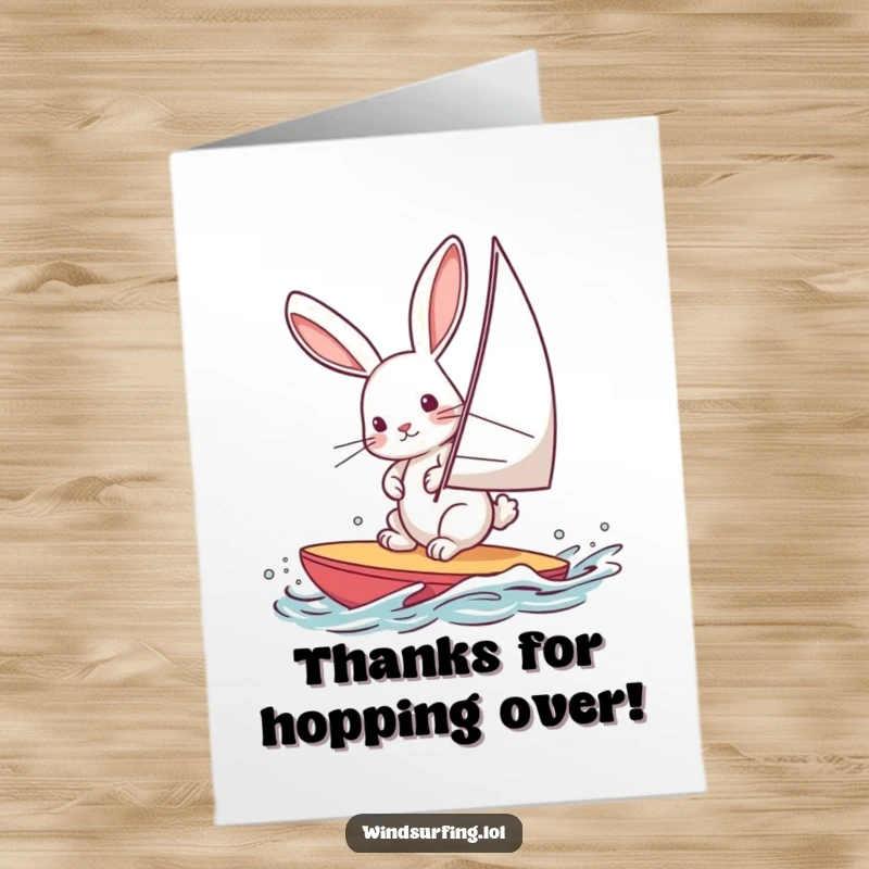 Funny Free Printable Thank You Card: Curious rabbit windsurfing gracefully, conveying thanks. A humorous downloadable greeting.