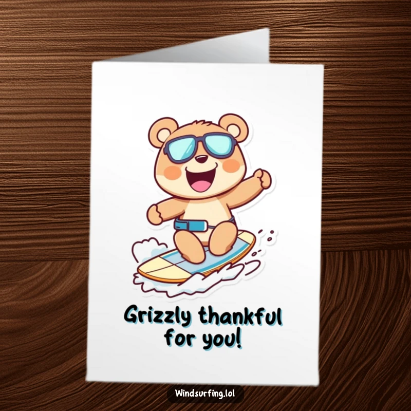 Funny Free Printable Thank You Card: Grinning bear windsurfing with joy, conveying thanks. A humorous downloadable greeting.