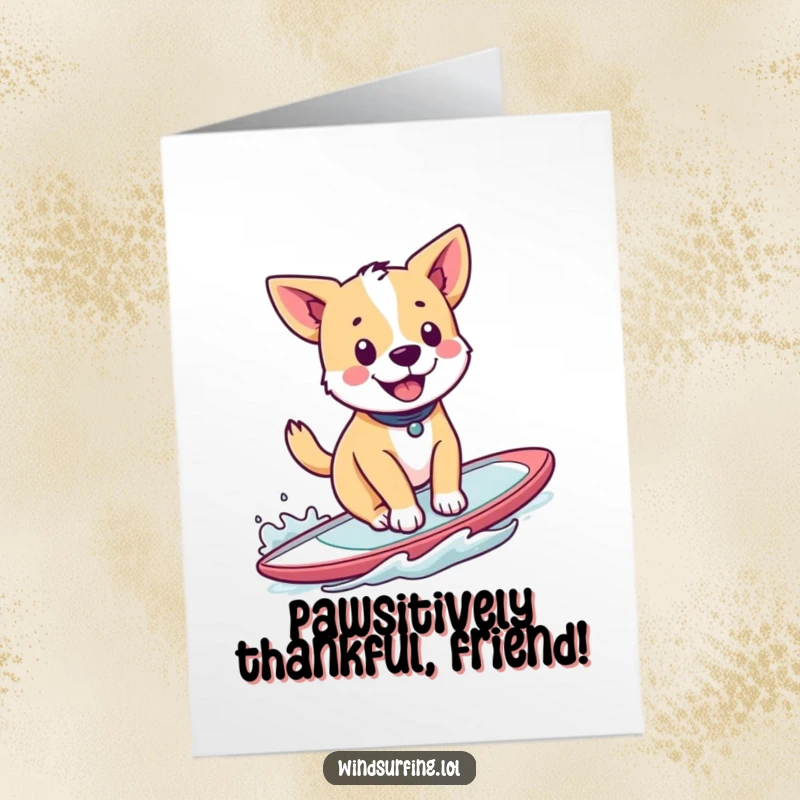 Funny Free Printable Thank You Card: Smiling dog windsurfing happily, a joyous thank you. A humorous downloadable greeting.