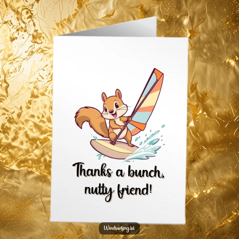 Funny Free Printable Thank You Card: Squirrel windsurfing with determination, expressing gratitude in a wild way.