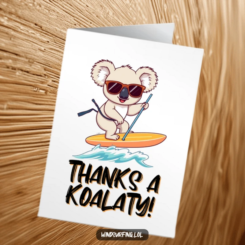 Funny Free Printable Thank You Card: Koala in sunglasses windsurfing with a grateful expression, saying thanks.