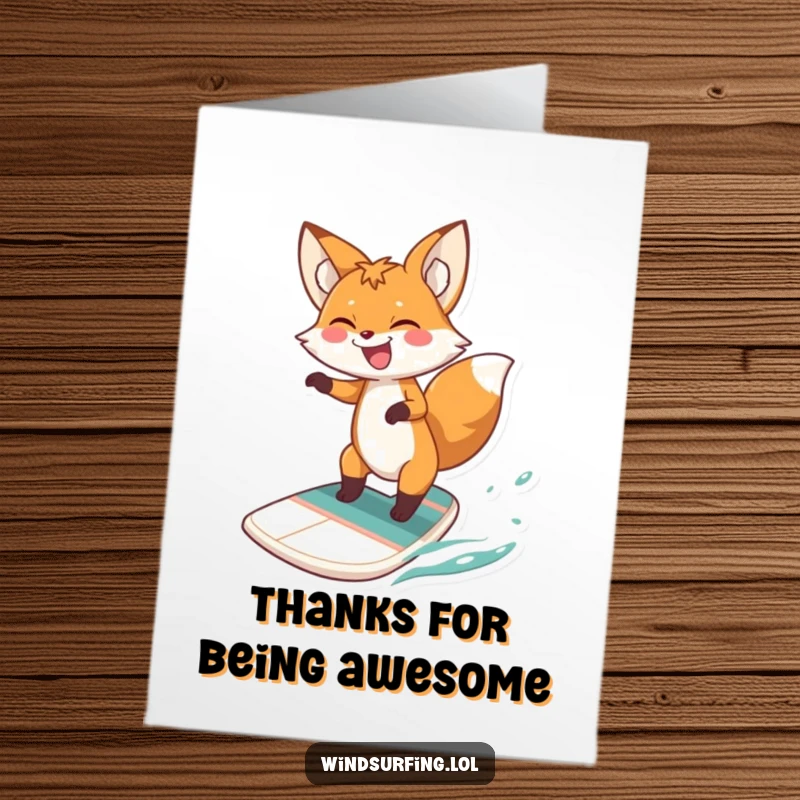 Funny Free Printable Thank You Card showing a jubilant fox windsurfing joyfully while giving thanks.