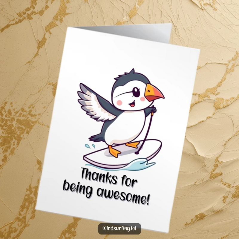 Funny Free Printable Thank You Card: A smiling puffin shows off a windsurfing trick, saying thank you.