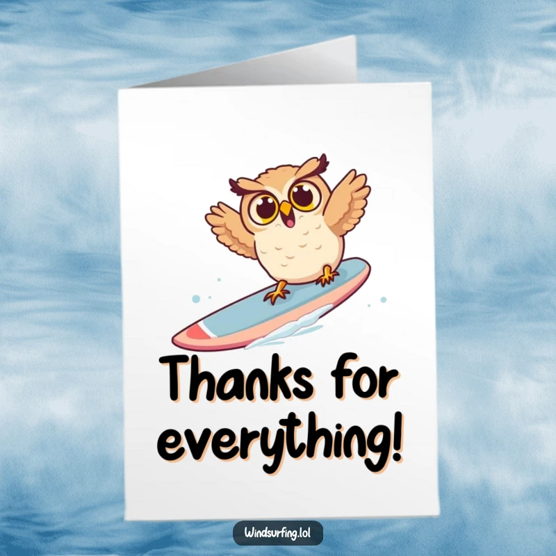 Funny Free Printable Thank You Card: An owl comically tumbling off a windsurf board, looking astonished.