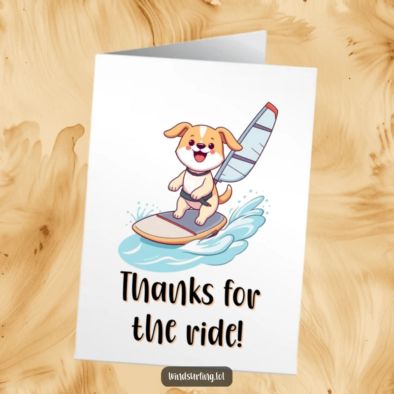Funny Free Printable Thank You Card: Happy dog windsurfing and catching air, sending a huge thank you with a cheerful grin.