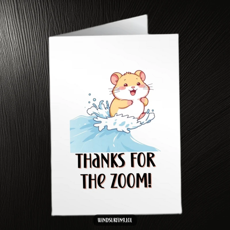 Funny Free Printable Thank You Card: Giggling hamster zooming across the sea, sending a huge thank you with energetic glee.