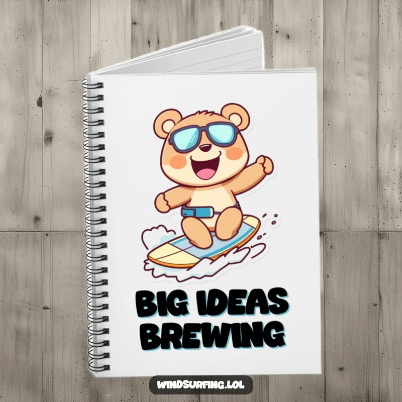 Funny notebook with a cheerful bear windsurfing, perfect for jotting down notes with ursine flair and humor.