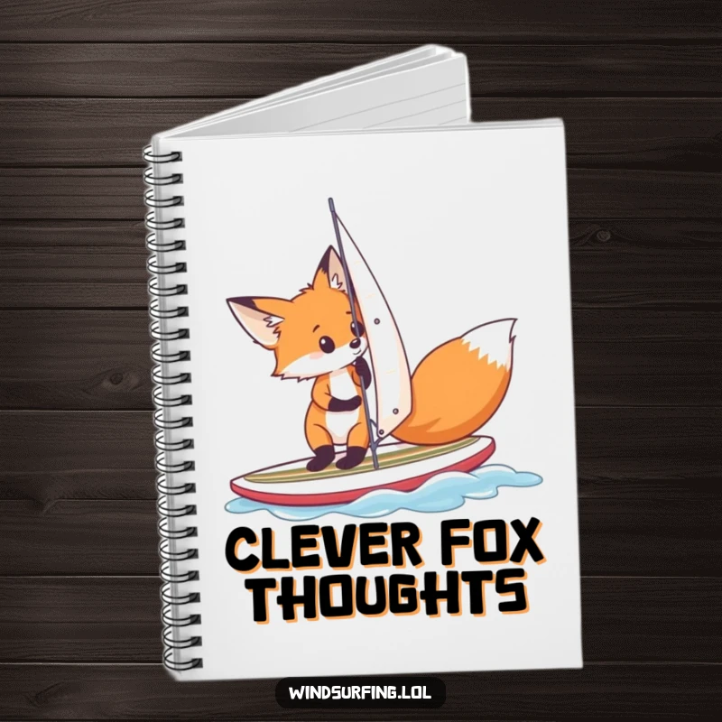 Funny fox adjusting its sail on a small surfboard, depicted on a notebook cover for a humorous and inspiring writing experience.