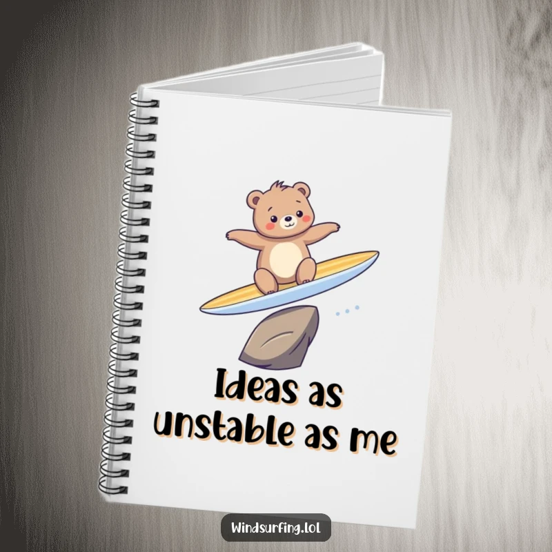 Funny notebook cover showing a bear hilariously balancing on a surfboard, inspiring creative and humorous writing.