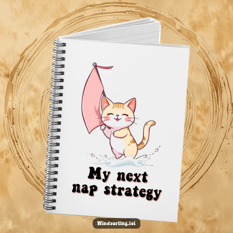 Funny notebook cover featuring a cat sailing with a sail full of wind, encouraging creative and humorous writing.
