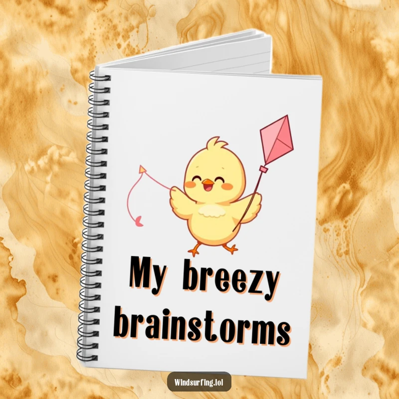 Funny notebook cover with a delighted chick using a kite as a sail, perfect for jotting down funny thoughts and plans.