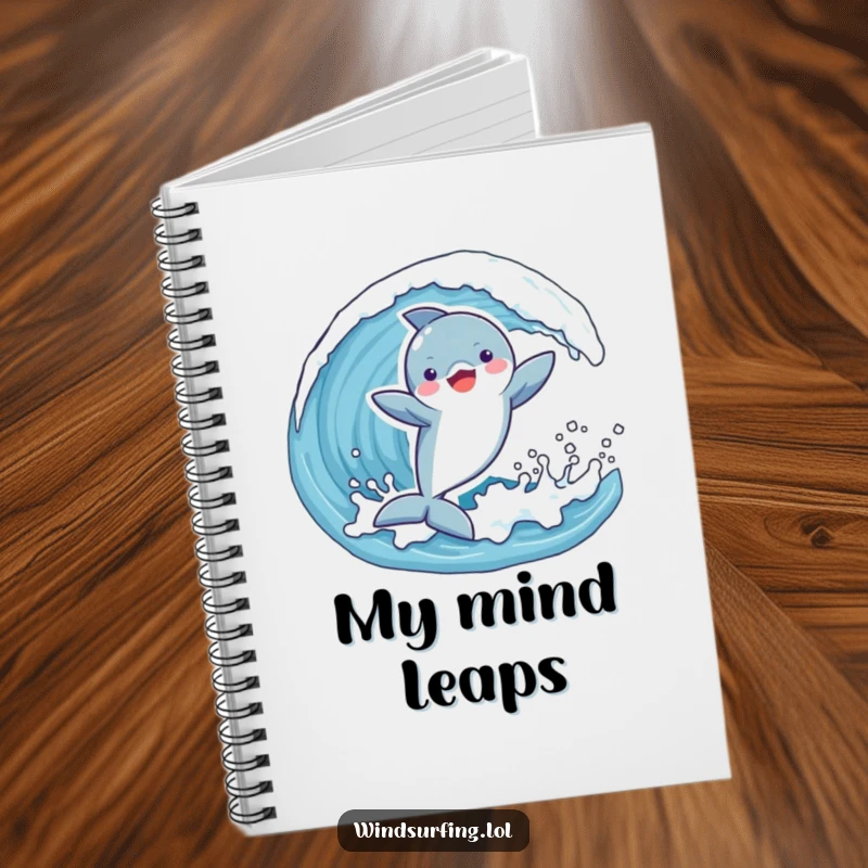 Funny notebook cover with a playful dolphin joyfully catching a wave with arms outstretched, inspiring fun and creativity.