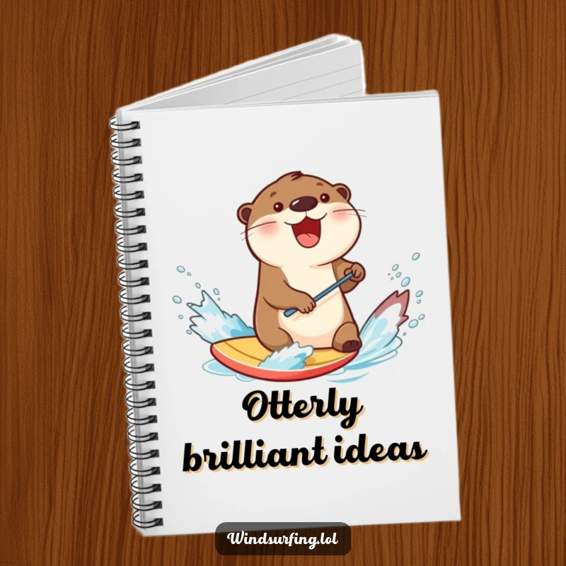 Funny otter splashing water while windsurfing on a board, depicted on a notebook cover for a humorous and inspiring writing experience.