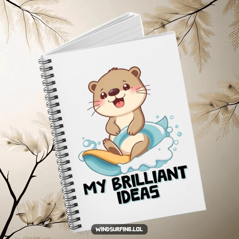 Funny otter wave rider notebook with a cheerful otter determinedly riding a large ocean wave.