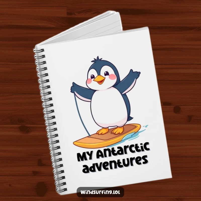 Funny notebook cover with a proud penguin striking a pose on a windsurfing board, ideal for jotting down funny thoughts.