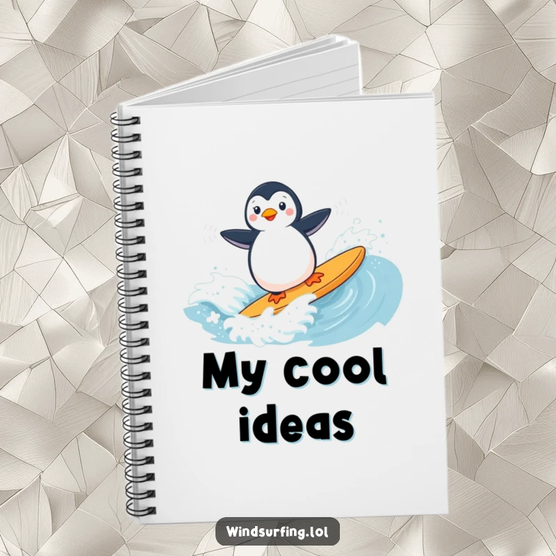 Funny penguin windsurfing on a notebook cover, perfect for capturing notes and ideas.