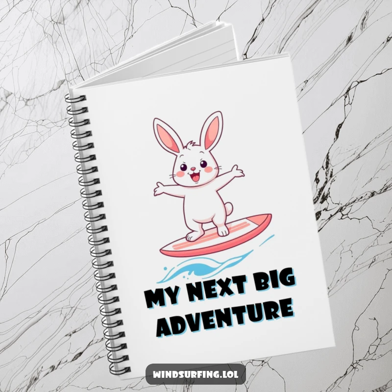 Funny rabbit windsurfer notebook, featuring a cheerful hare balancing arms outstretched on a windsurf board, great for writing and drawing.