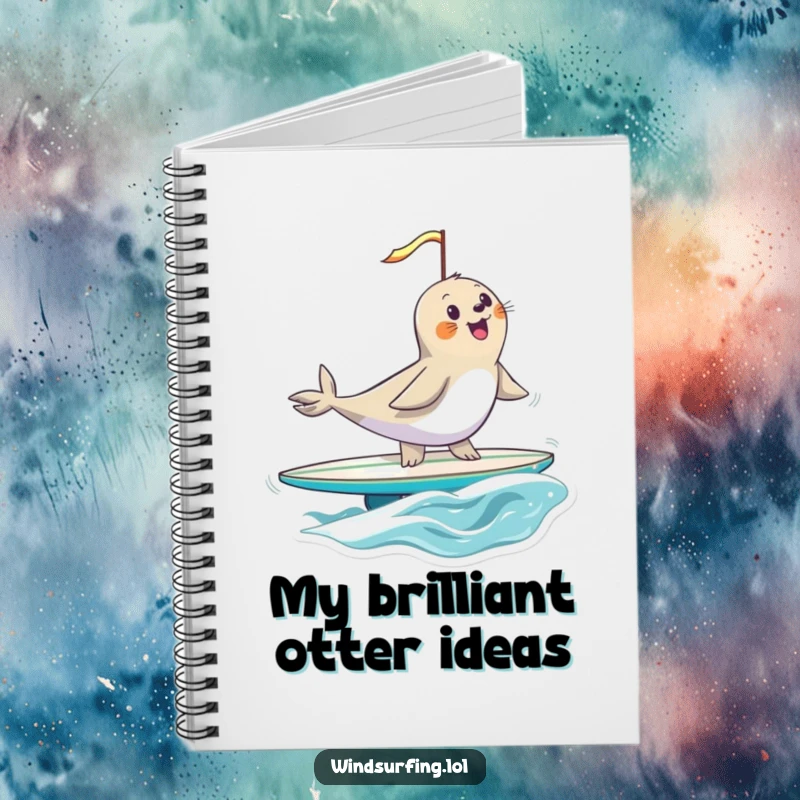 Funny seal balancing on a surfboard with wind in its sail, depicted on a notebook cover for a humorous and inspiring writing experience.