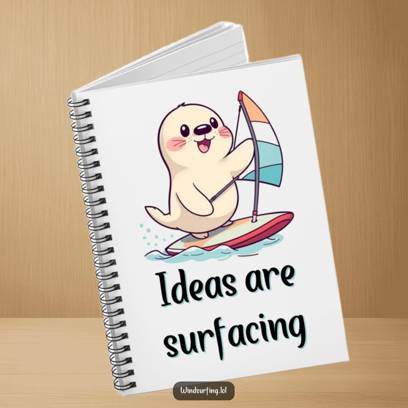Funny seal struggling on a windsurfing board, perfect for a funny and inspiring notebook cover.