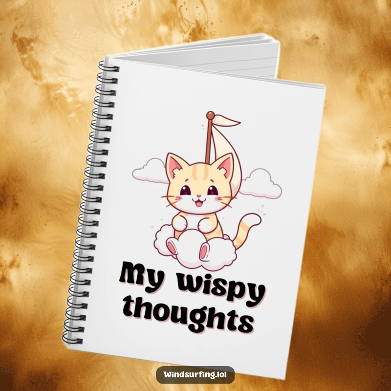 Funny notebook cover with a smiling cat sailing and catching a puffy cloud, inspiring whimsical ideas.