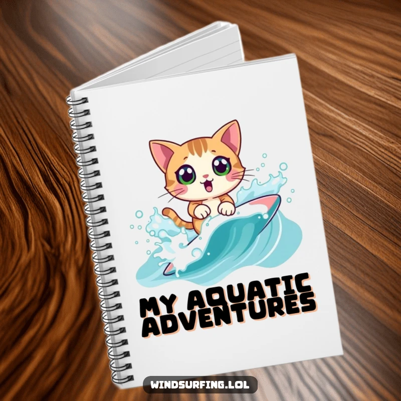 Funny Notebook: A surprised cat windsurfing, perfect for capturing wild ideas with humor, a delightful funny gift.