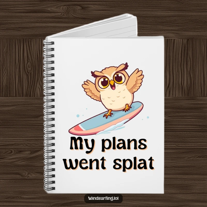 Funny owl notebook with a surprised owl tumbling off a windsurf board, ideal for capturing ideas with humor.
