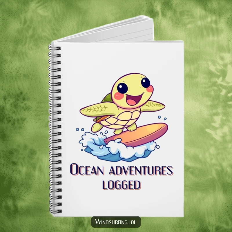 Funny notebook featuring a joyful sea turtle surfing a small wave. Ideal for jotting down ideas with beach vibes.