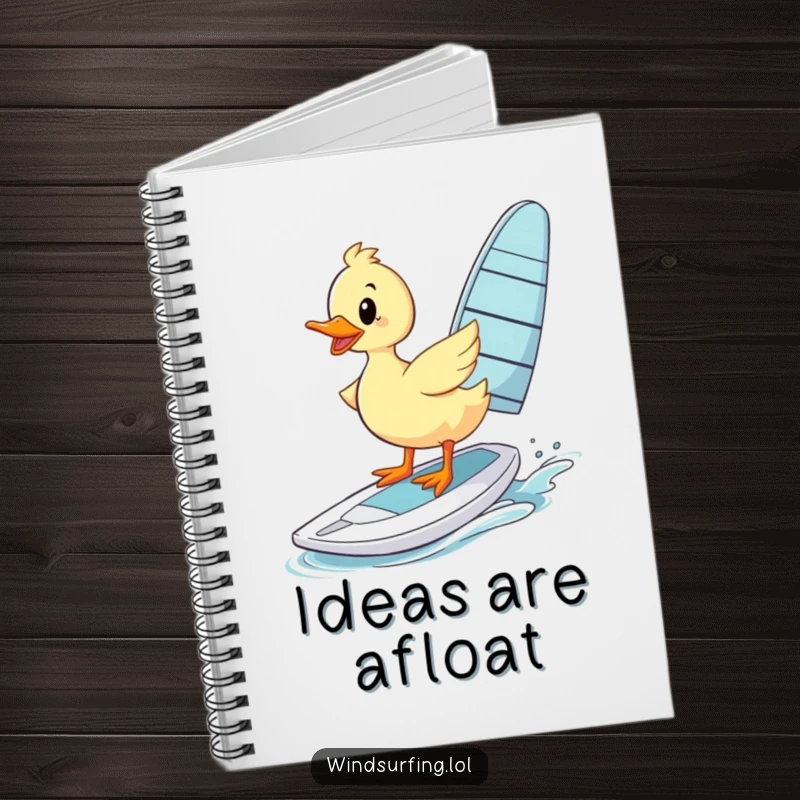 Funny Notebook: A duck wobbles on a windsurfing board, offering a funny cover for your notes.