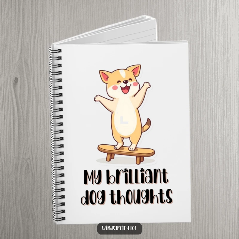 Funny Notebook featuring a dog balancing on a surfboard, ideal for jotting down notes, ideas, and doodles with canine flair.