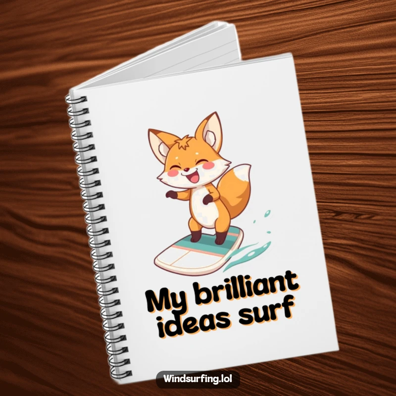 Funny fox windsurfing notebook, featuring a fox joyfully windsurfing mid-air, inspiring creative thoughts and laughter, excellent stationery gift.