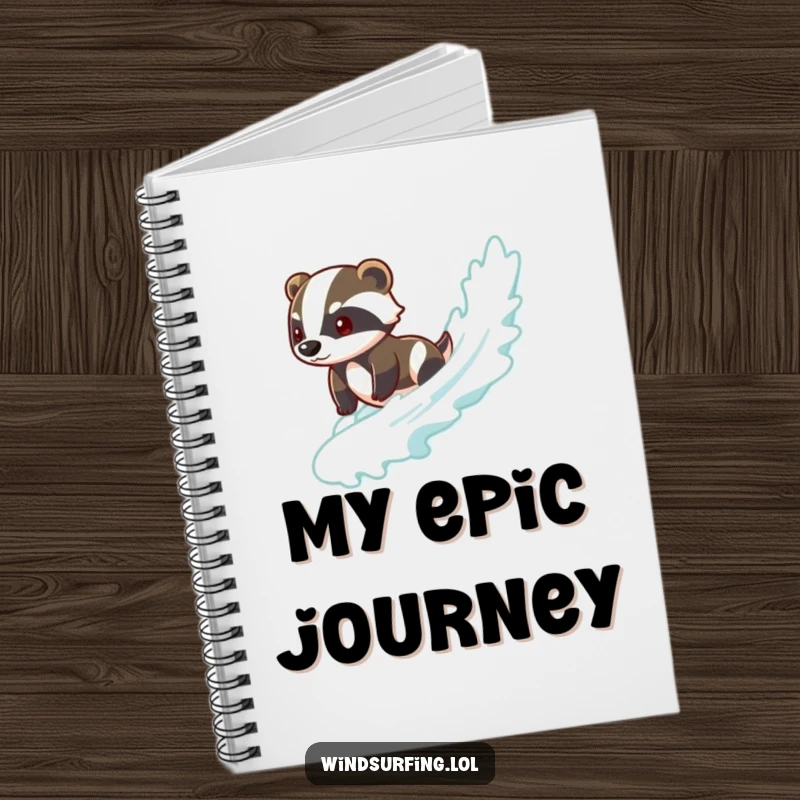 Funny badger notebook with a brave badger surfing a wave, perfect for journaling and capturing cool ideas.