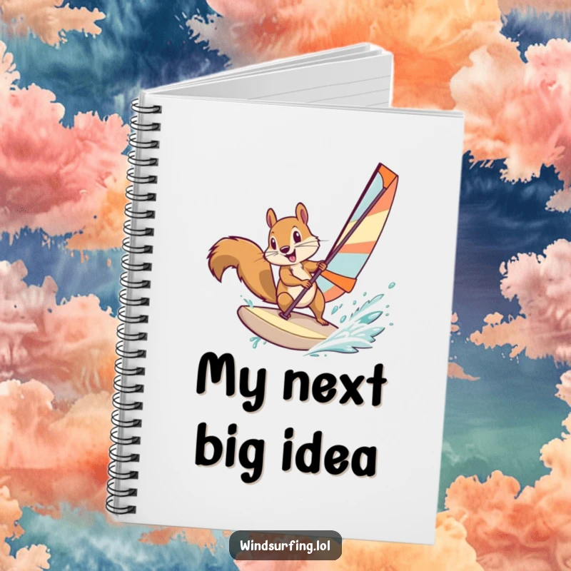 Funny squirrel windsurfing across a wave, on the cover of a notebook, encouraging creative and adventurous thinking with humor.