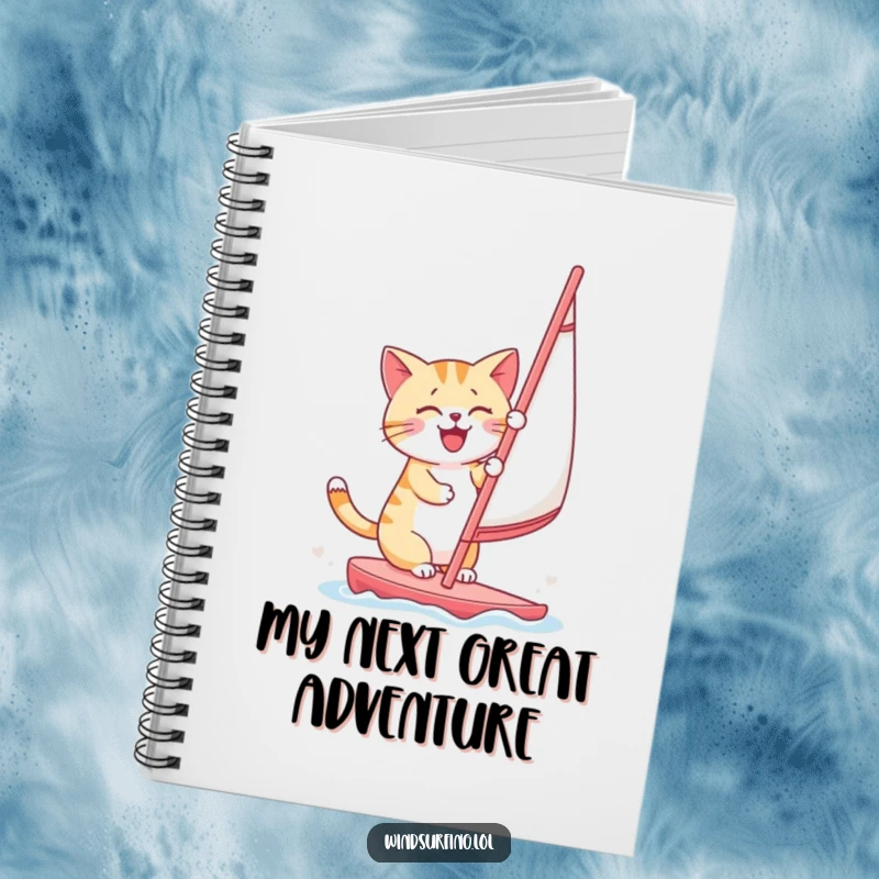 Funny cat enthusiastically windsurfing, featured on the cover of a notebook for capturing ideas.