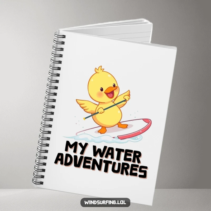Funny Duckling Notebook with a happy duckling windsurfing with tiny flapping wings. A humorous and inspiring stationery item for planning.