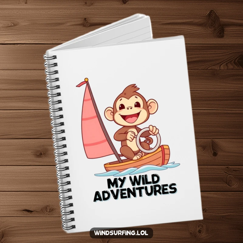 Funny notebook cover with an excited monkey steering a sailboard with a big smile, encouraging notes with a humorous, adventurous theme.