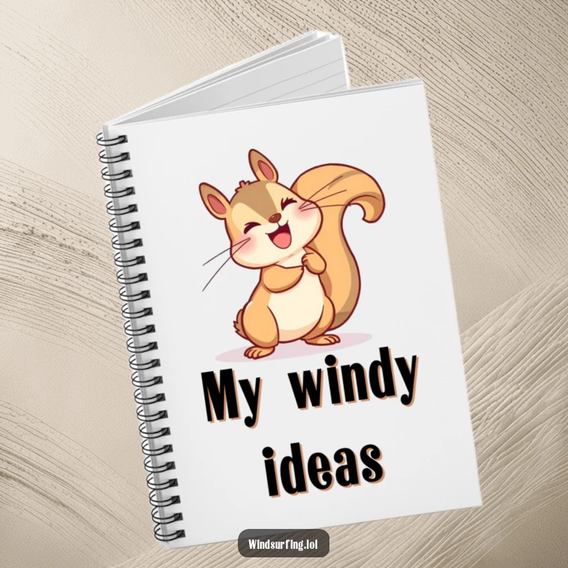 Funny notebook with a squirrel dramatically leaning into the wind, great for jotting down thoughts and creative ideas.