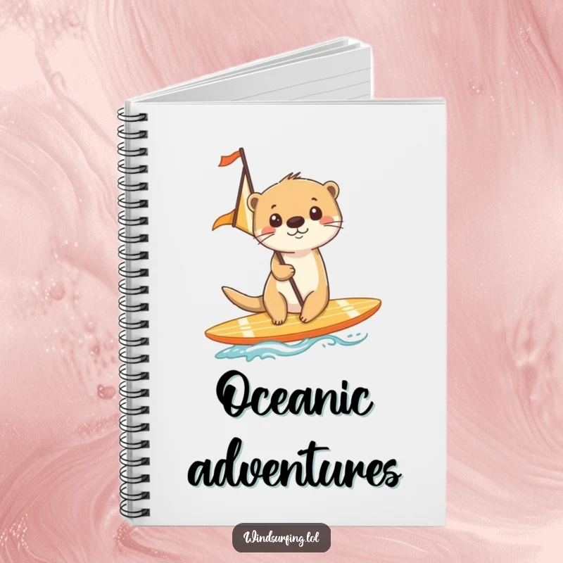 Funny notebook cover showing a cheerful otter surfing on a board with a sail, ready for any adventure.