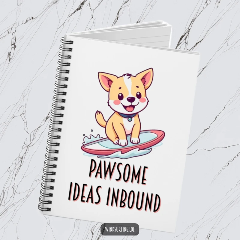 Funny notebook with a happy dog windsurfing, perfect for jotting down notes with canine flair and humor.