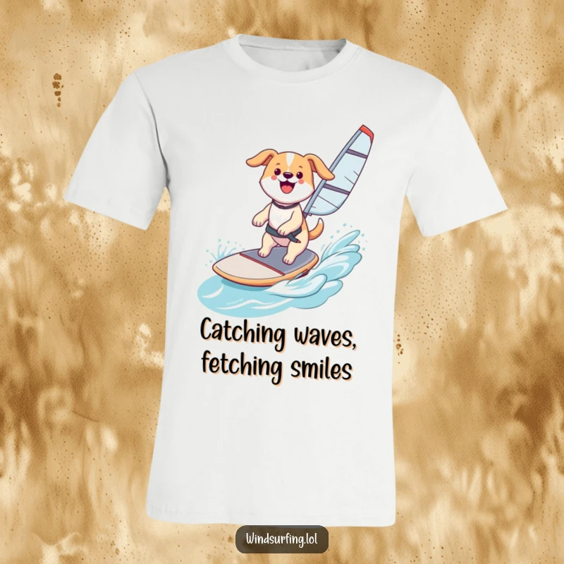 Funny T-Shirt: A happy dog windsurfing, catching air with a huge smile, radiating pure joy and freedom, a fantastic funny gift.
