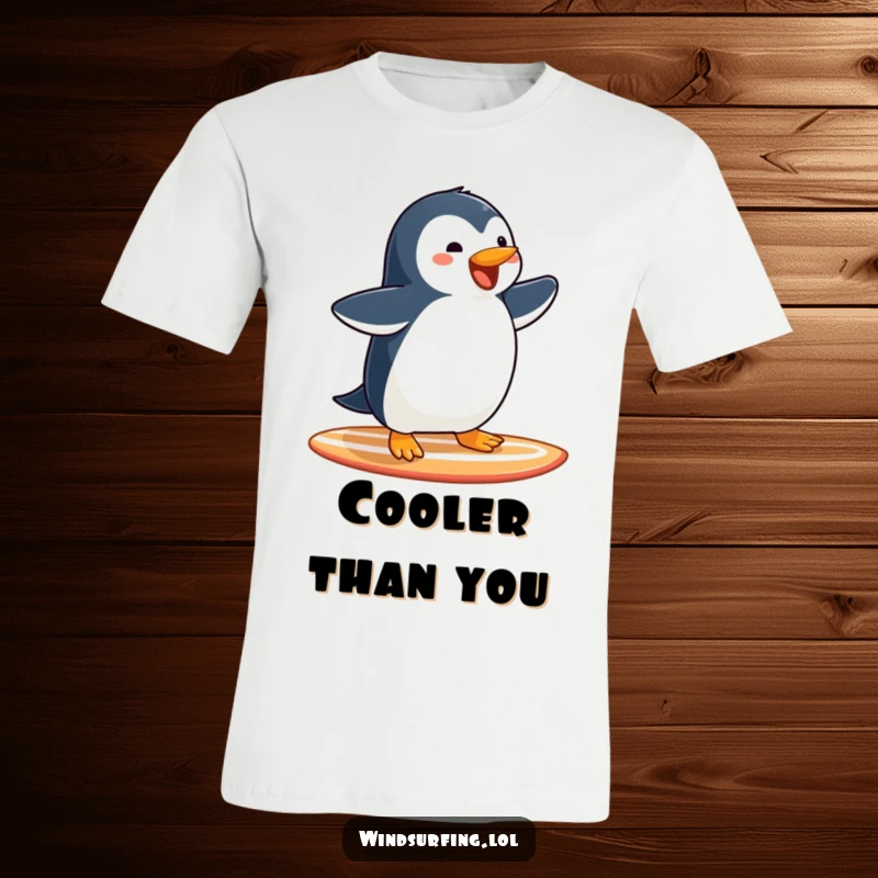 Funny Penguin Surfing T-Shirt: A joyful penguin effortlessly glides on a surfboard, arms outstretched in happy abandon.
