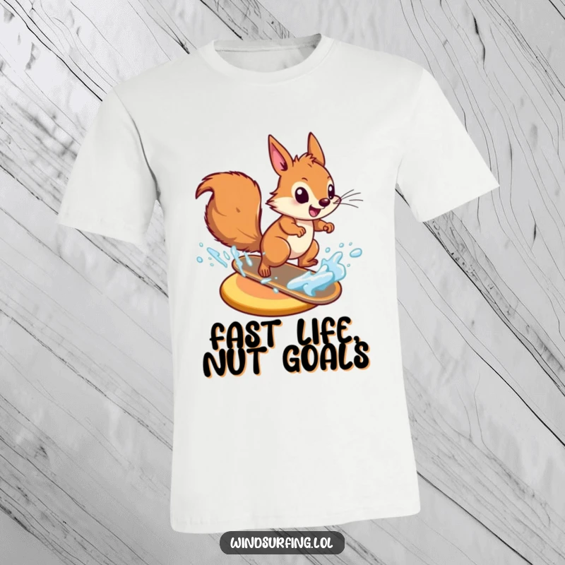 Funny energetic squirrel zooming across water on a board, depicted on a t-shirt for extreme sports and nutty fun.