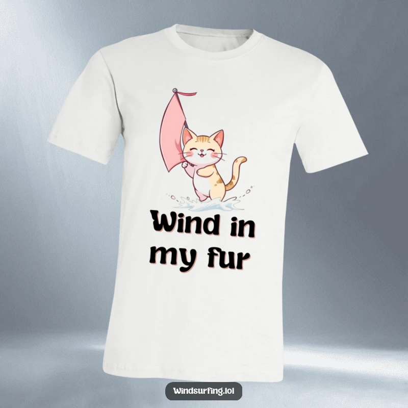Funny t-shirt of a happy cat with an improvised sail catching a gust of wind, embarking on a whimsical sailing journey.