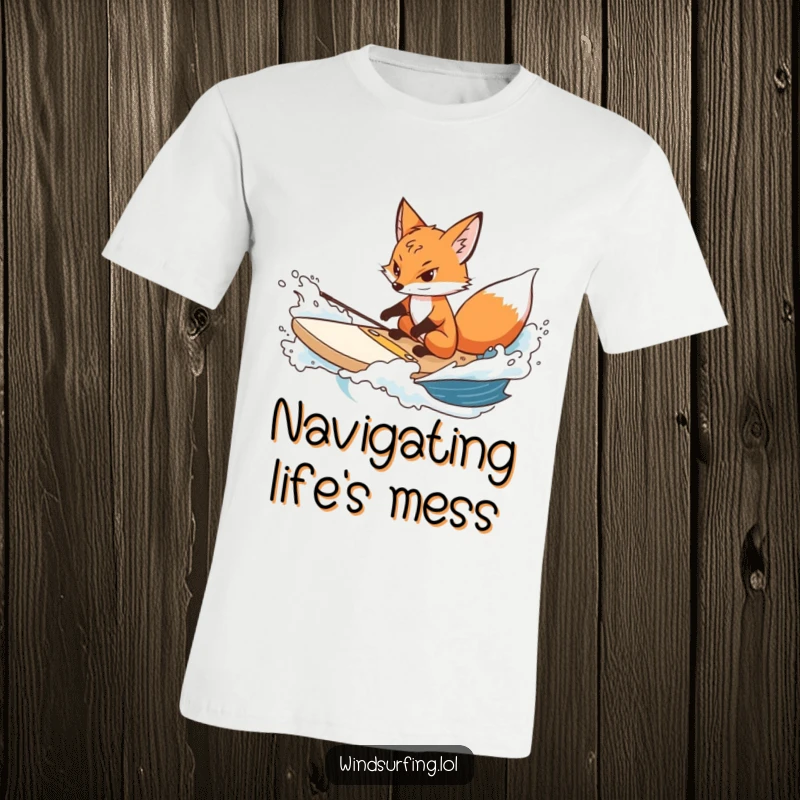 Funny fox t-shirt featuring a determined fox skillfully steering a surfboard through rough waves, showcasing persistence.