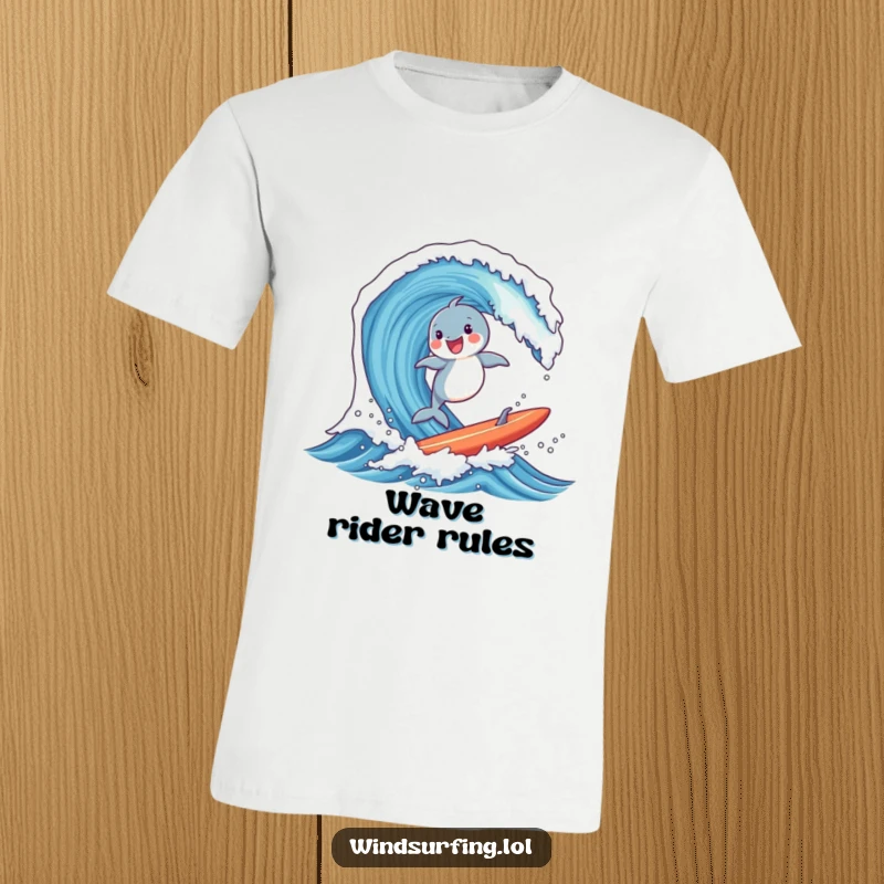 Funny t-shirt featuring a joyful dolphin riding a massive wave on a surfboard, showcasing surfing prowess and aquatic fun.