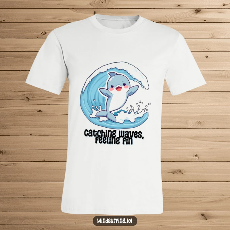 Funny t-shirt depicting a playful dolphin ecstatically catching a wave with arms outstretched, showcasing pure joy and ocean energy.