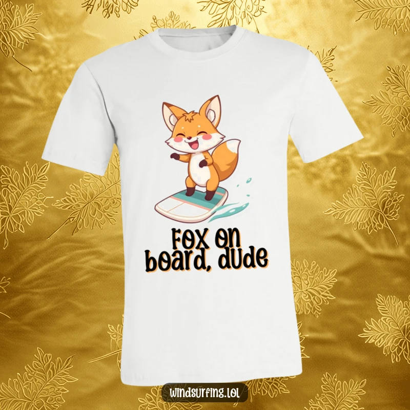 Funny fox windsurfing t-shirt, captured mid-air with a gleeful laugh, embodying pure water sport joy and adventure, excellent gift.