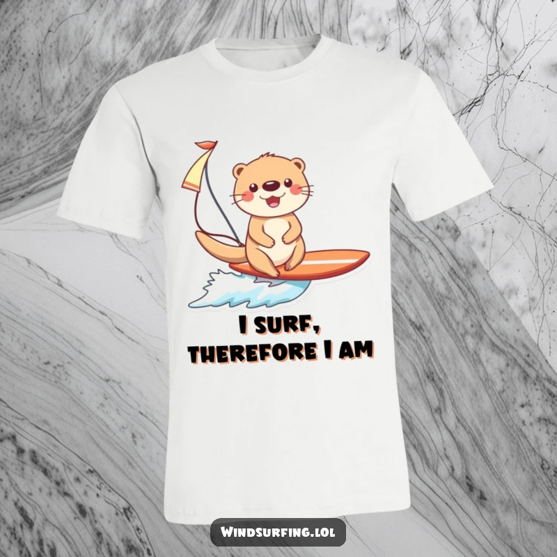 Funny Otter Surfing T-Shirt: A happy otter joyfully zooms on a surfboard with a sail, radiating pure fun.